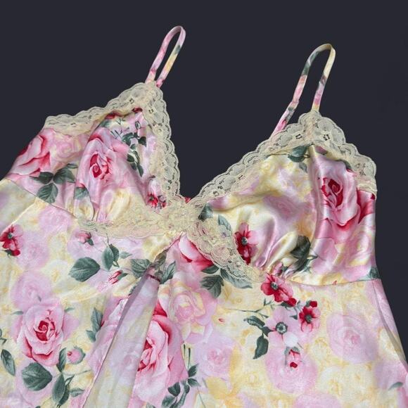 Secret Treasures Pink & Yellow Floral Satin Ivory Lace Sequin Open Front Slip M - Picture 6 of 8